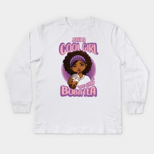 Kawaii Black Girl Anime Boba Tea Kids Long Sleeve T-Shirt